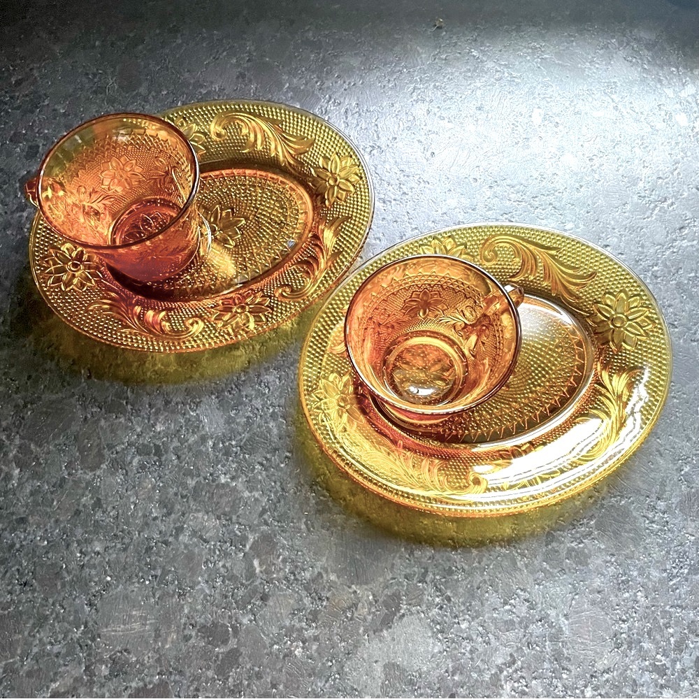 Vintage Tiara Indiana Glass Sandwich Snack Plate and Cup Set in amber glass